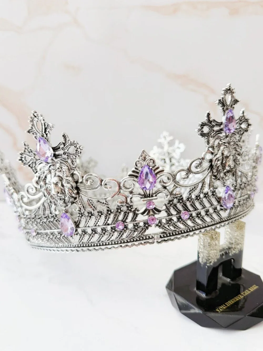 Silver Lion King Crown Purple Crystal Cross Medieval Royal Cosplay Wedding Prom